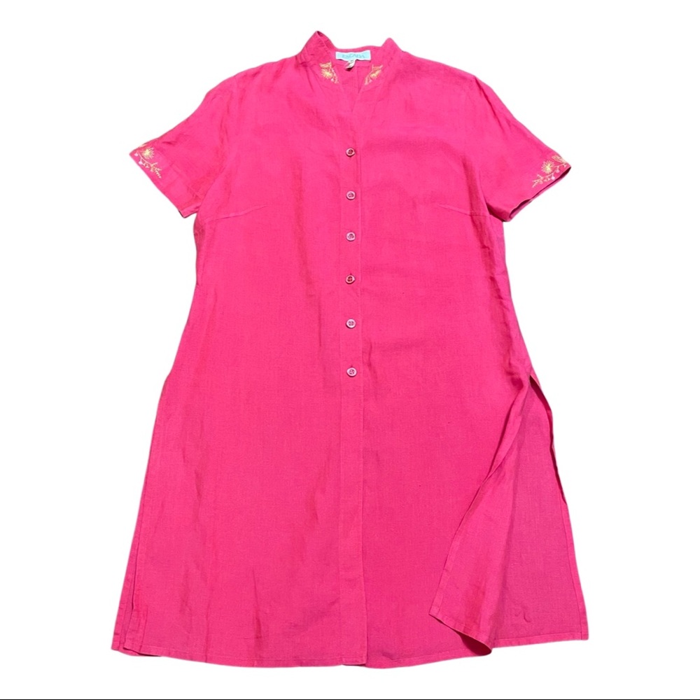Escada Womens 100% Linen Tunic Shirt Pink Embroidered Mandarin Collar Sz 44/ 12